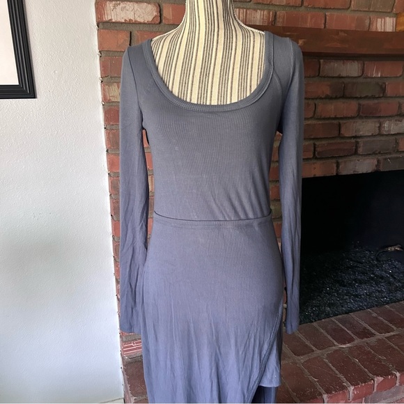 Anthropologie Daily Practice Faux Wrap Midi Dress in Steel Blue Ribbed Sz S - Picture 3 of 10